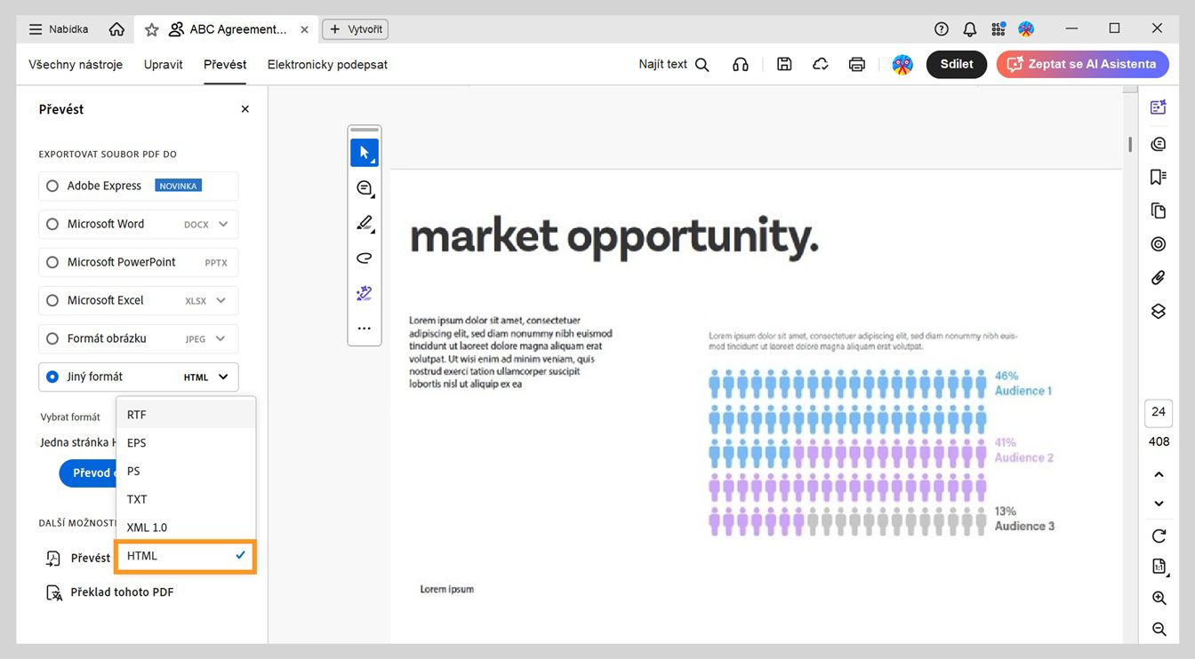 Panel Převést zobrazuje možnost HTML vybranou v rozbalovací nabídce Jiný formát.