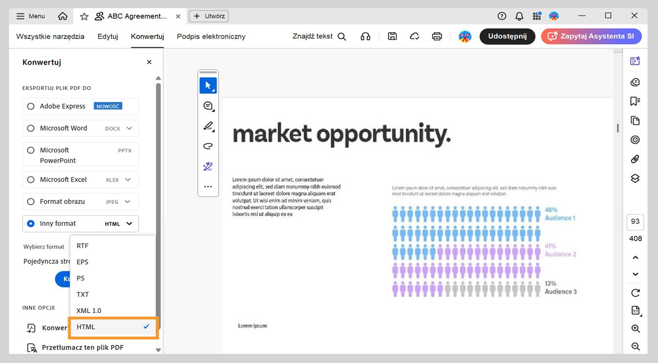 Panel konwersji wyświetla opcję HTML wybraną w menu rozwijanym Inny format.