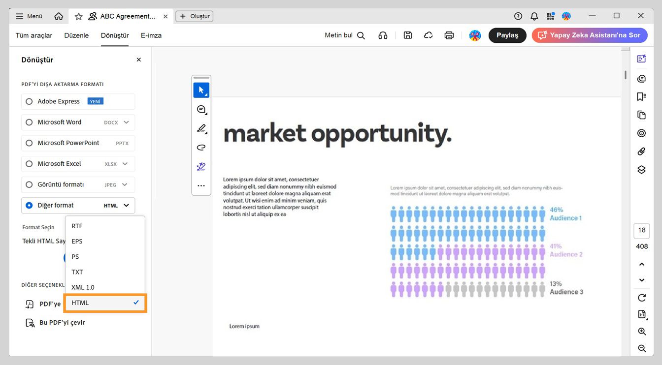 Dönüştür panelinde, Diğer biçim açılır menüsünde HTML seçeneği seçili olarak görüntülenir.