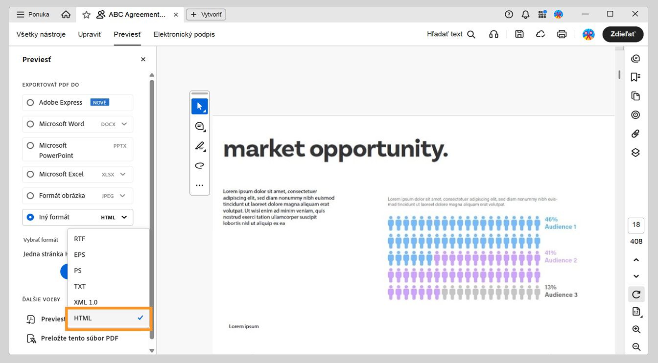Panel Konvertovať zobrazuje možnosť HTML vybranú v rozbaľovacom menu Iný formát.