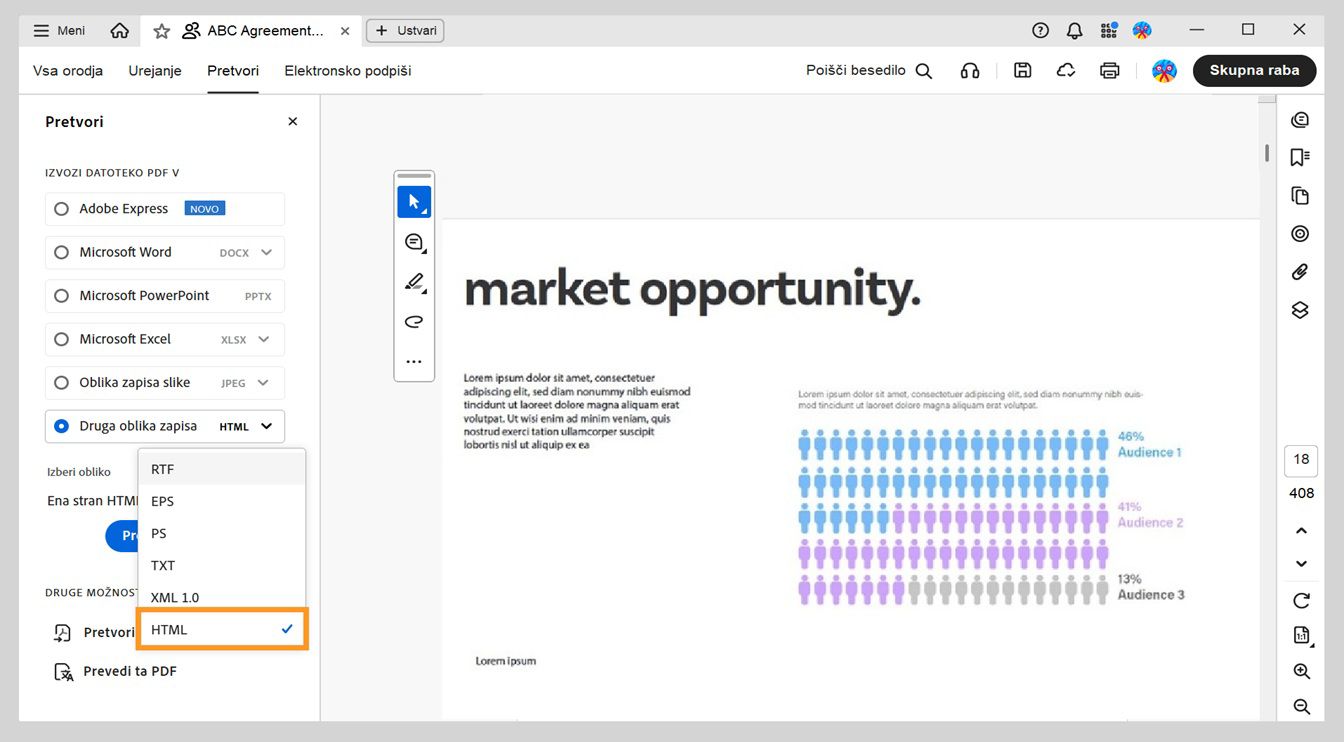 V podoknu za pretvorbo je prikazana izbrana možnost HTML v spustnem meniju Druga oblika zapisa.