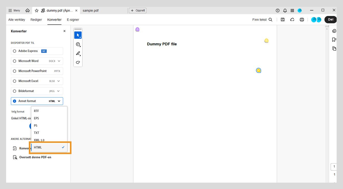Konverteringspanelet viser HTML-alternativet valgt i nedtrekksmenyen for Annet format.