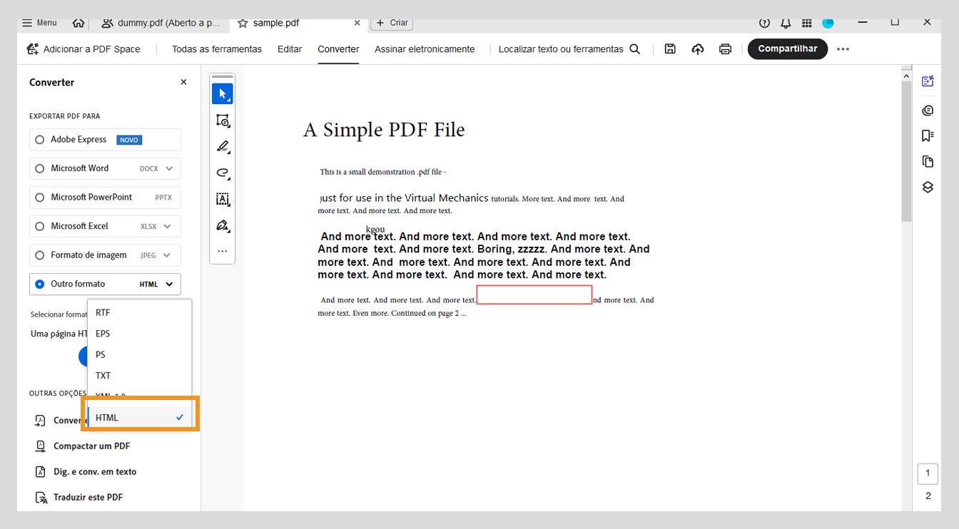 O painel Converter exibe a opção HTML selecionada no menu suspenso Outro formato.