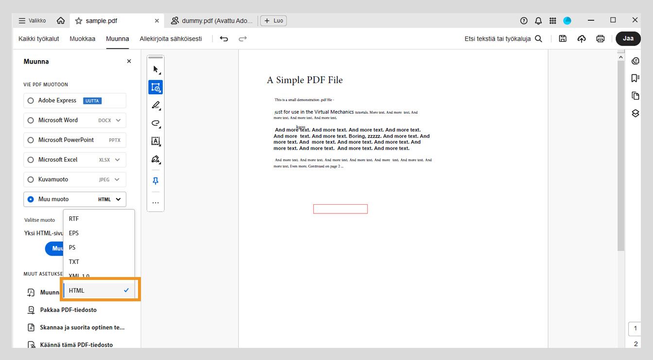 Muunna-paneelissa näkyy HTML-vaihtoehto valittuna Muu muoto -pudotusvalikossa.