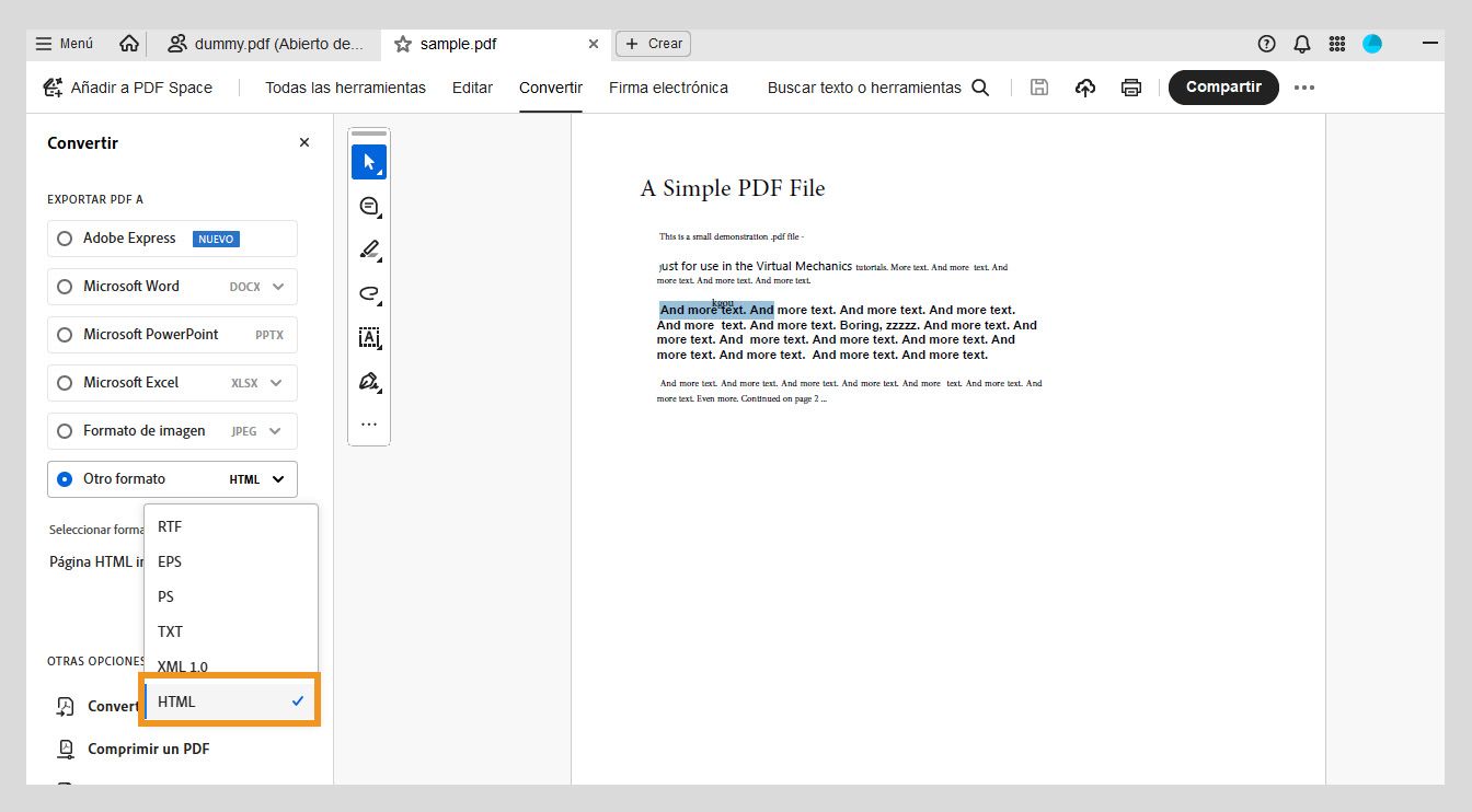 El panel Convertir muestra la opción HTML seleccionada en el menú desplegable Otro formato.