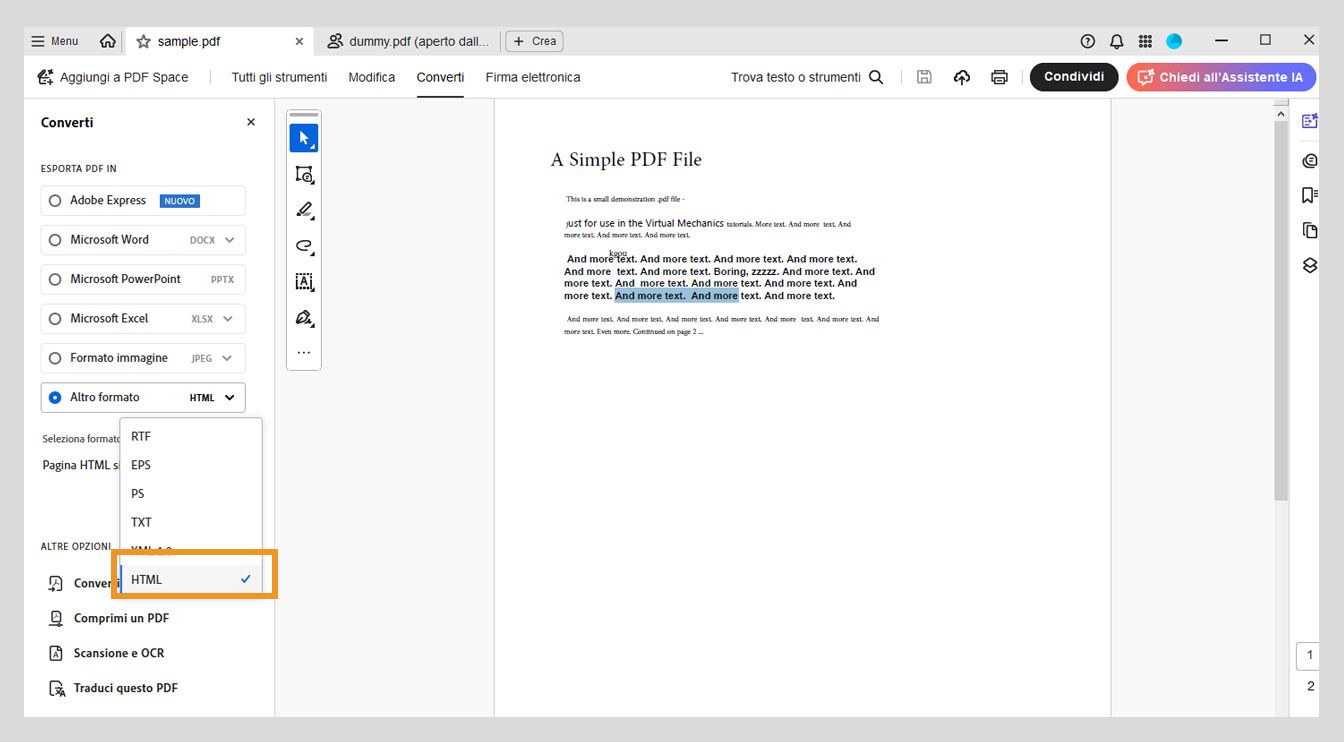 Il pannello Converti mostra l'opzione HTML selezionata nel menu a discesa Altro formato.