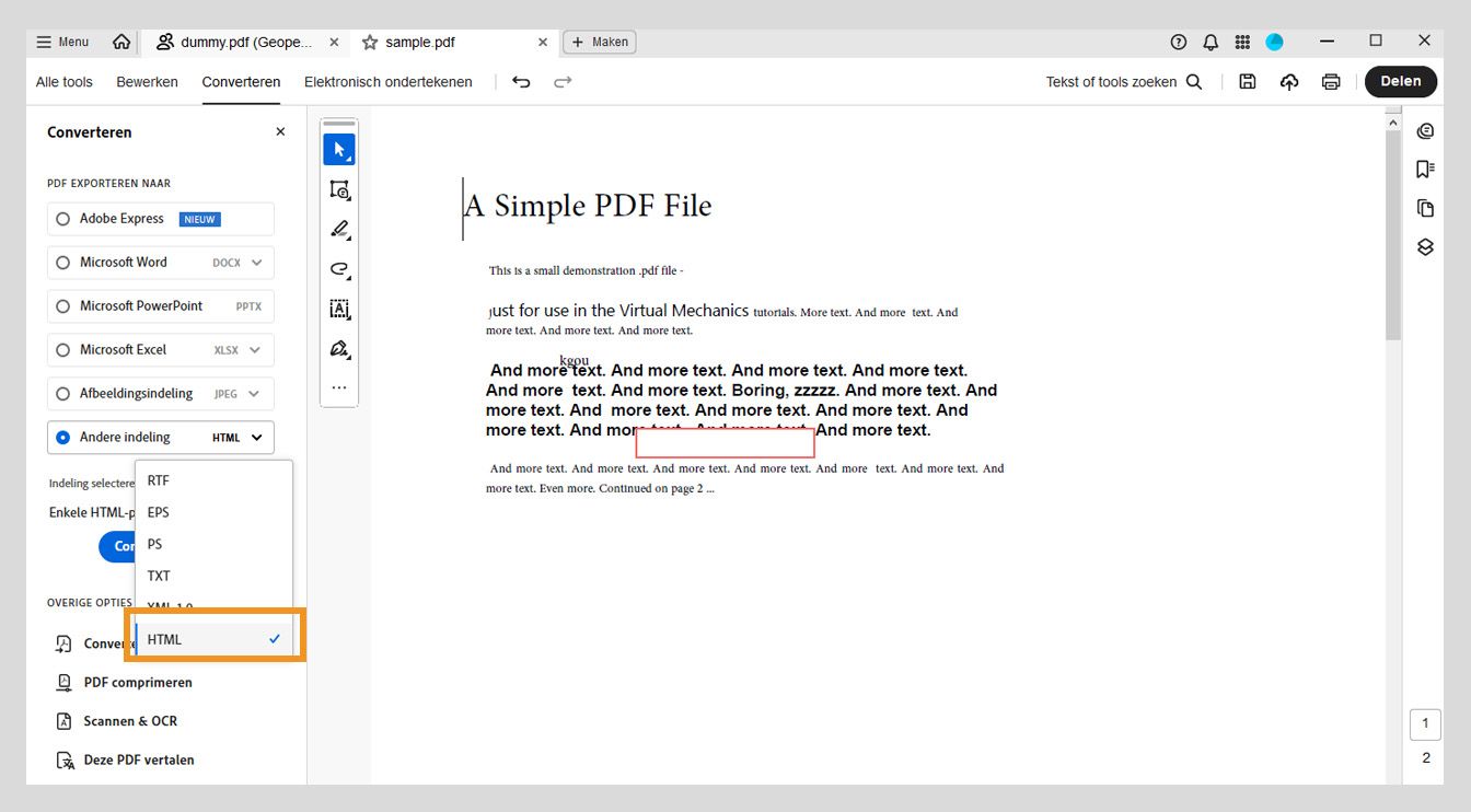 Het deelvenster Converteren toont de HTML-optie geselecteerd in het vervolgkeuzemenu Andere indeling.