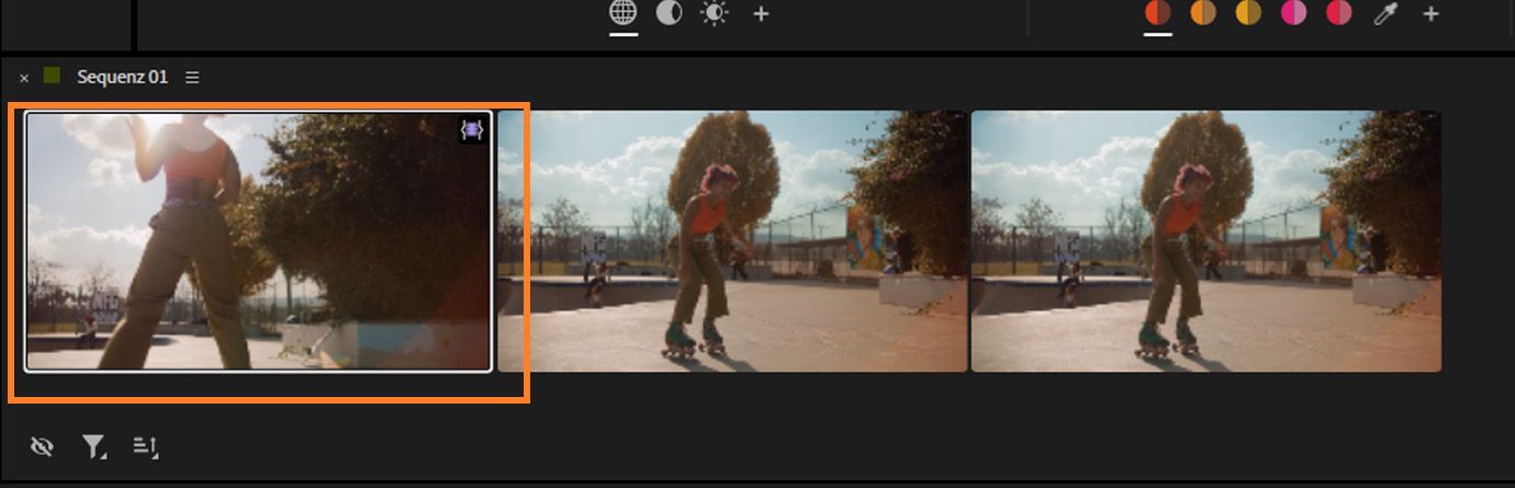Cuadrícula de clips con una miniatura resaltada para indicar la selección actual del clip.
