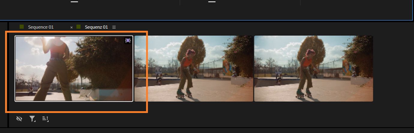 Сетка клипов с выделенным значком, указывающим на текущий клип.