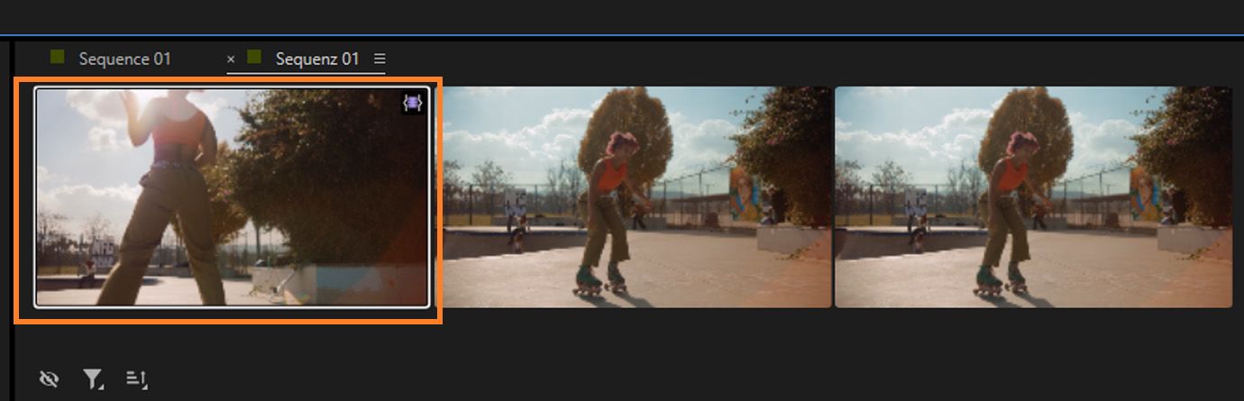 Grade de clipes com uma miniatura destacada para indicar a seleção atual do clipe.