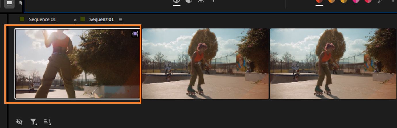 現在のクリップ選択を示すサムネイルが1つハイライト表示されたクリップグリッド。