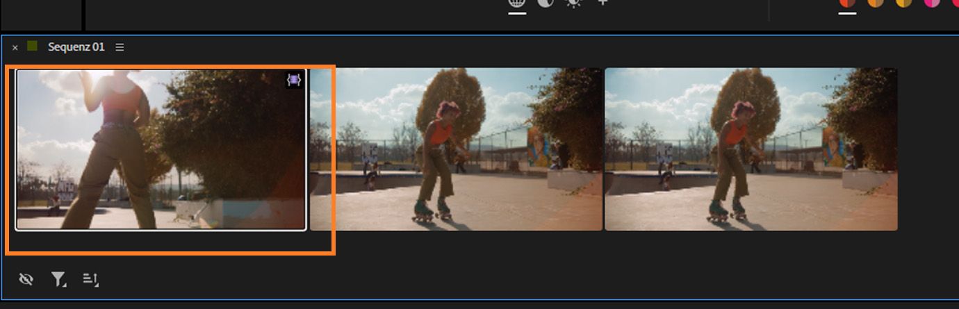 Grille de clips avec une miniature mise en surbrillance pour indiquer la sélection de clip en cours.