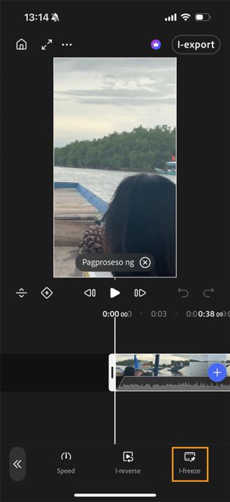 Isang clip sa timeline, na may Freeze button na naka-highlight sa toolbar.