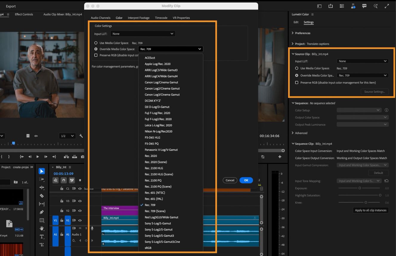 El cuadro de diálogo Modificar clip está abierto.En la pestaña Color, bajo Configuración de color, el menú desplegable Anular espacio de color de medios está abierto con opciones de Espacio de color de medios para elegir.