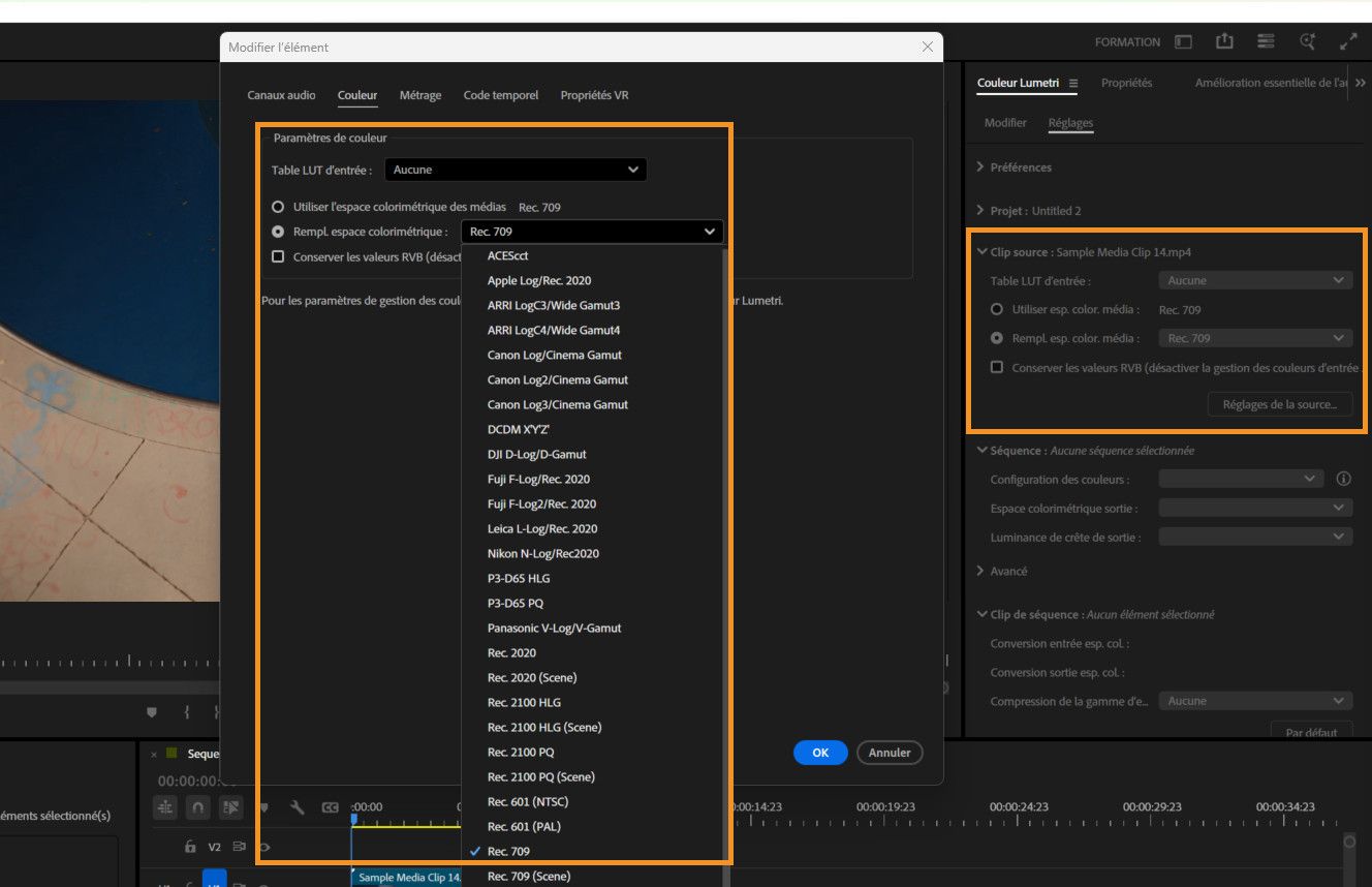 La boîte de dialogue Modifier le clip est ouverte.Dans l’onglet Couleur, sous Paramètres de couleur, le menu déroulant Remplacer l’espace colorimétrique des médias est ouvert avec des options d’espace colorimétrique des médias parmi lesquelles choisir.