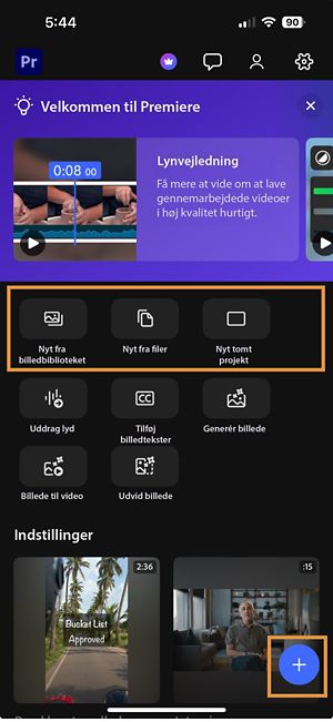 Startskærmen viser tre muligheder for at begynde: importere billeder og videoer fra dit bibliotek, vælg blandt filer eller åbn et tomt projekt.