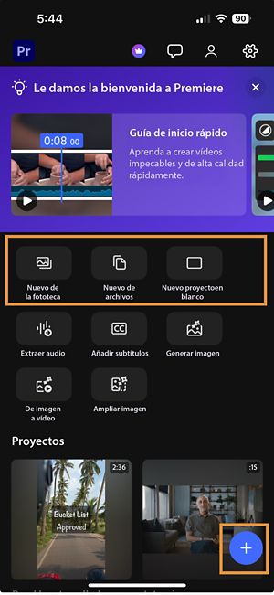 Pantalla de inicio que muestra tres opciones de inicio: importe fotos y vídeos desde su biblioteca, elija entre diversos archivos o abra un proyecto en blanco.