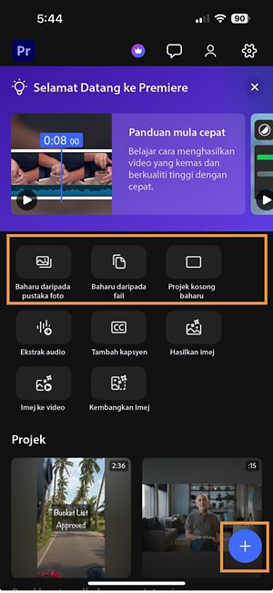Skrin utama memaparkan tiga options untuk memulakan: import foto dan video daripada galeri pustaka anda, pilih daripada fail, atau buka projek kosong.