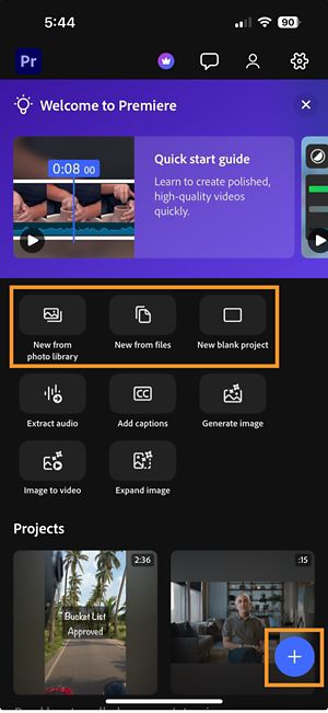 Home screen showing three start options: import photos and videos from your library, choose from files, or open a blank project.