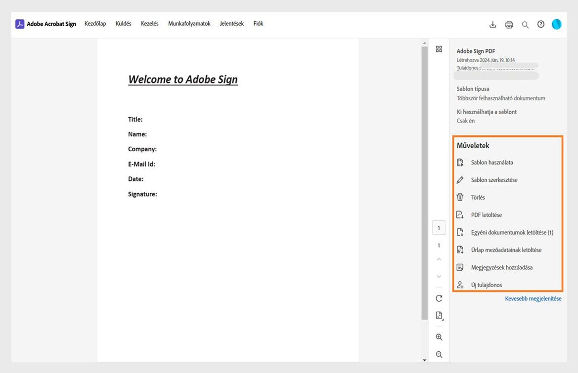 A kiválasztott szerződéssablonok láthatók a jobb oldali ablaktáblában a sablon részleteivel, és a Műveletek menü ki van emelve.