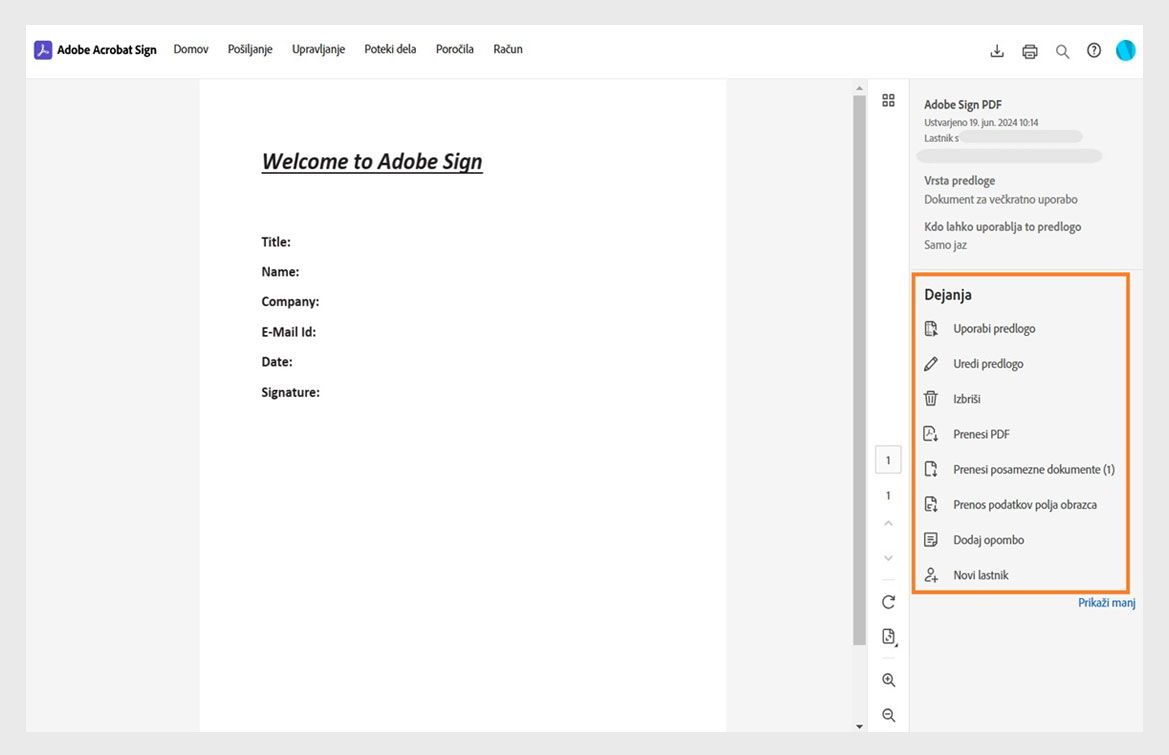 Na izbranih predlogah pogodb je prikazano desno podokno s podrobnostmi predloge in označen je meni Dejanja.