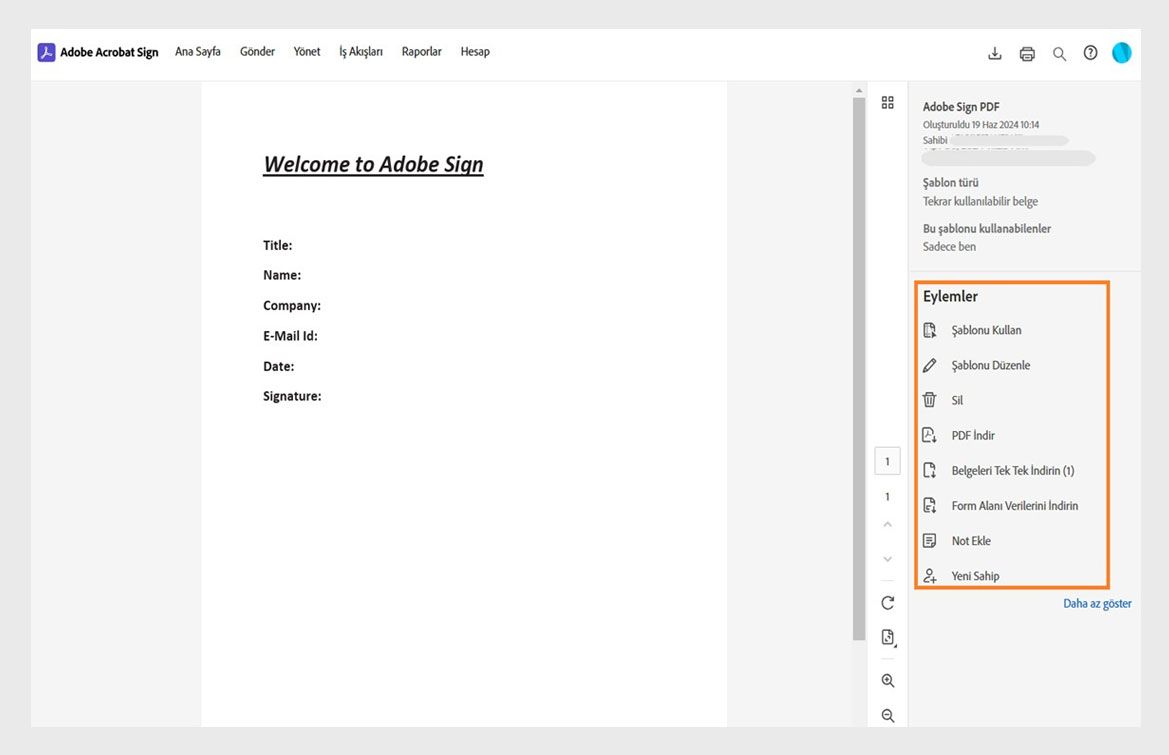 Seçilen sözleşme şablonlarında şablon ayrıntıları ve vurgulanan Eylemler menüsünün bulunduğu sağ bölme görüntülenir.