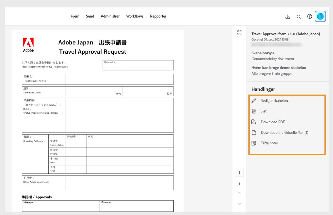 De valgte aftaleskabeloner viser en højre rude med skabelonoplysninger og en handlingsmenu, der er fremhævet.