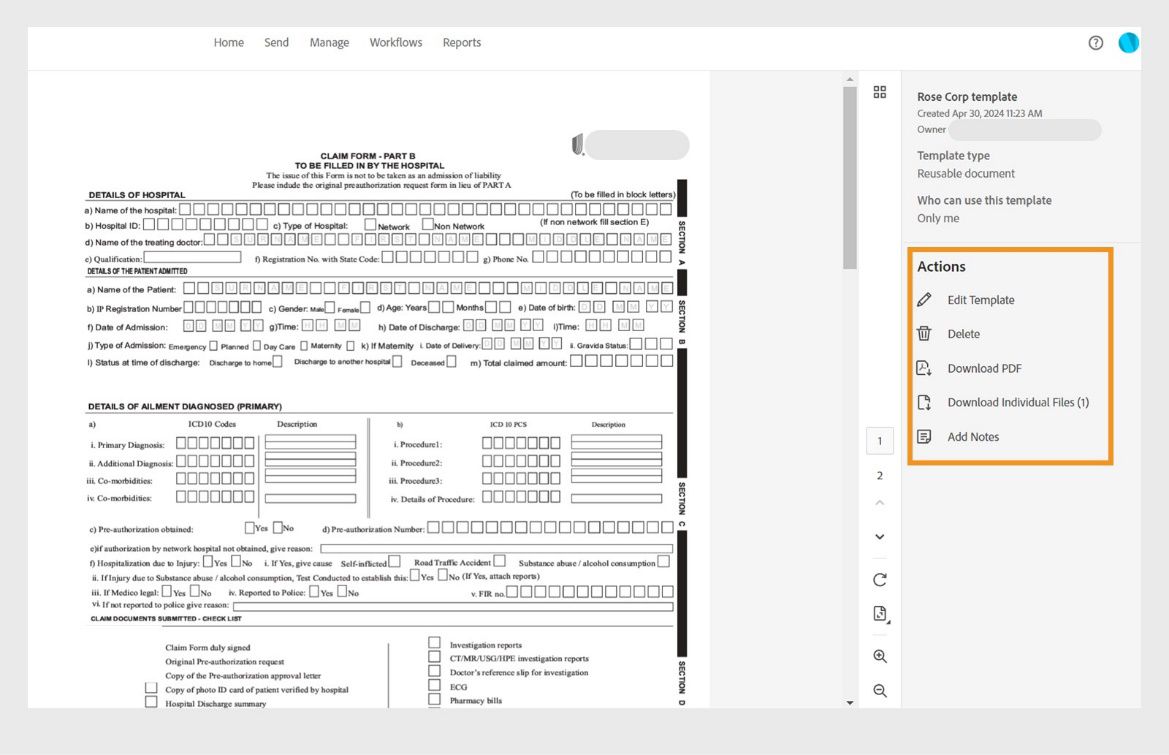 Ipinakikita ng mga napiling agreement templates ang right pane na may template details at Actions menu na naka-highlight.