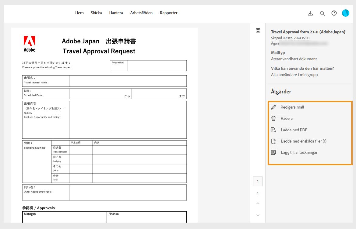 De valda avtalsmallarna visar en högerpanel med malldetaljer och en åtgärdsmeny som är markerad.