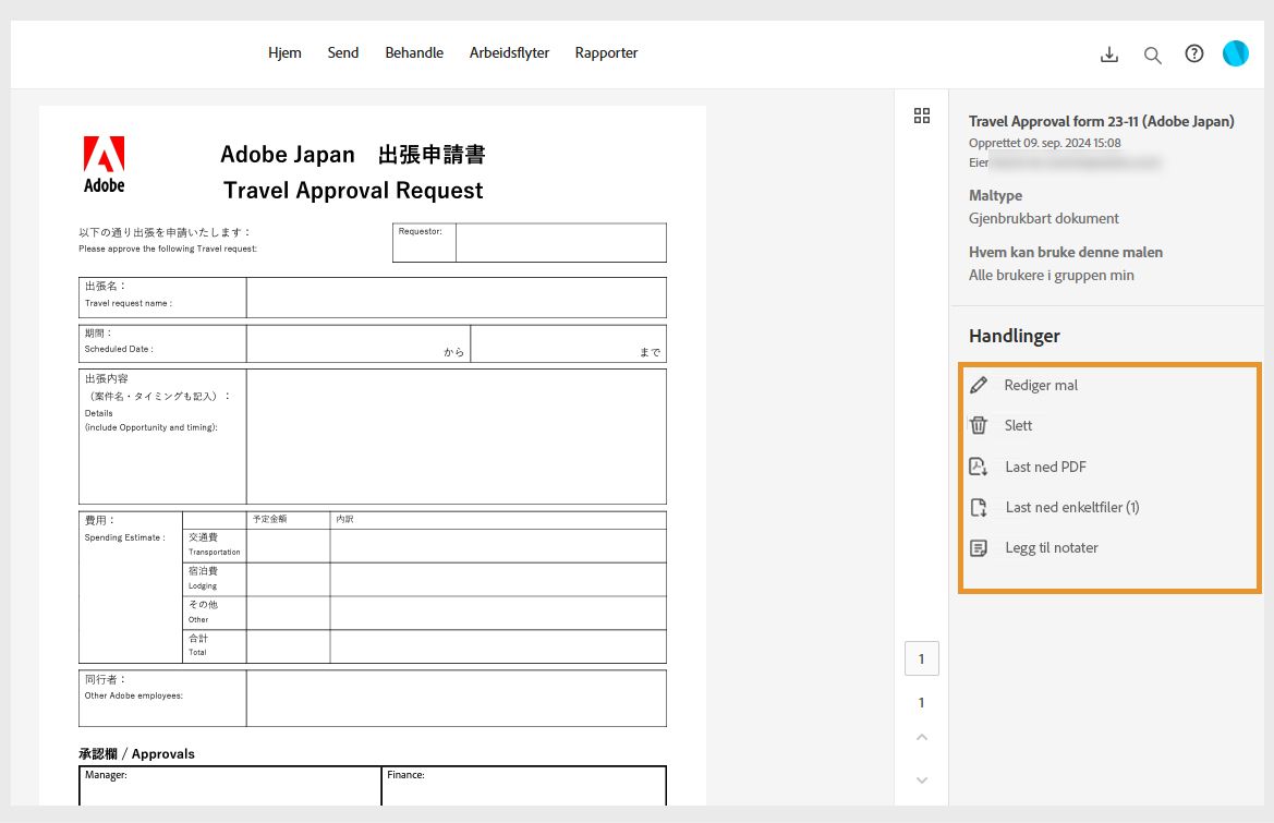 De valgte avtalemalene viser en høyre rute med maldetaljer og en Handlinger-meny som er uthevet.