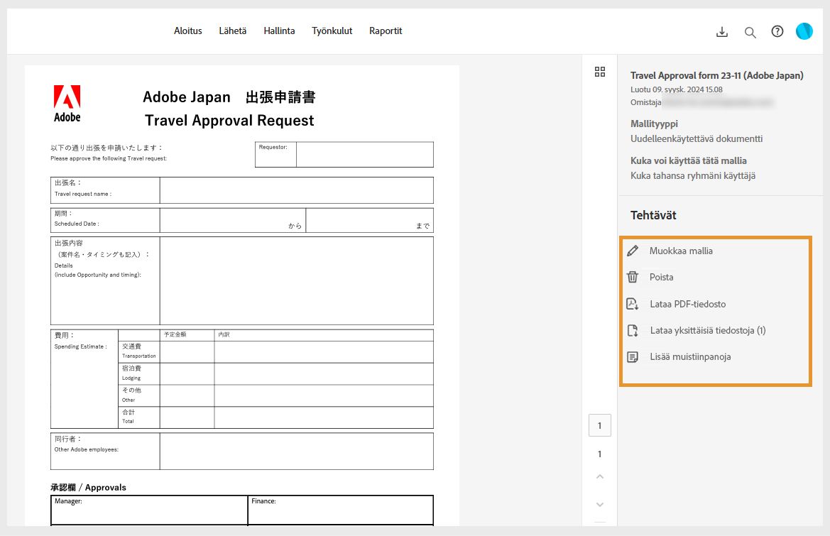 Valituissa sopimusmalleissa näkyy oikeanpuoleinen ruutu, jossa on mallin tiedot sekä Toiminnot-valikko, joka on korostettuna.