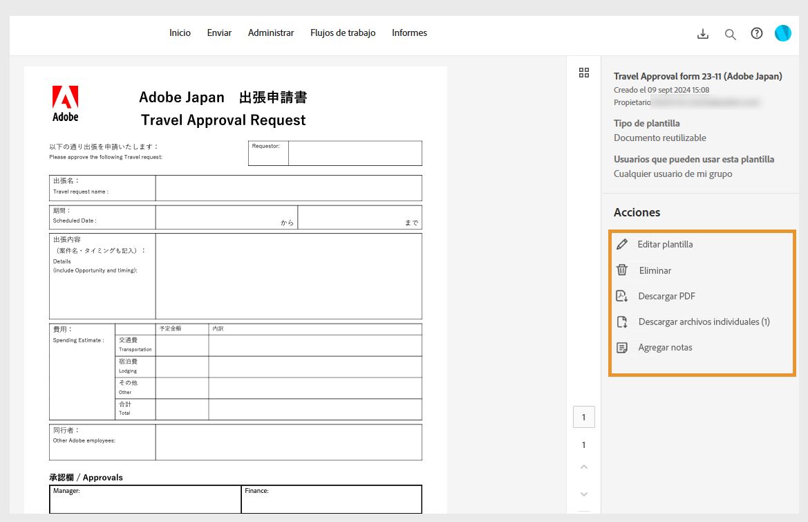 Las plantillas de acuerdo seleccionadas muestran un panel derecho con los detalles de la plantilla y un menú Acciones resaltado.