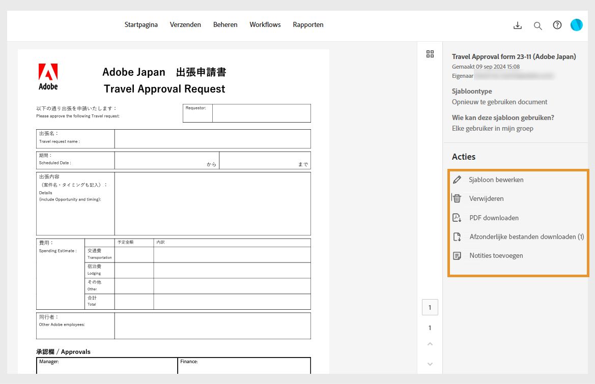 De geselecteerde overeenkomstsjablonen tonen een rechterdeelvenster met sjabloondetails en het gemarkeerde menu Acties.