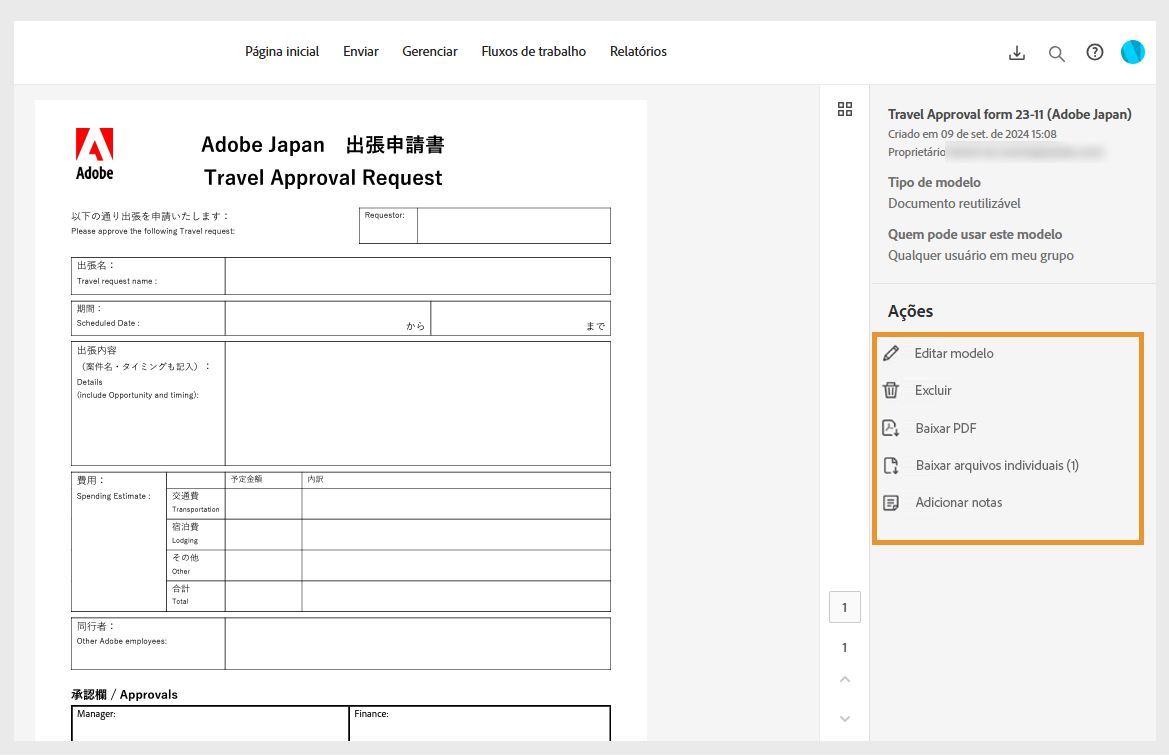 Os modelos de contrato selecionados exibem um painel direito com detalhes do modelo e um menu Ações em destaque.