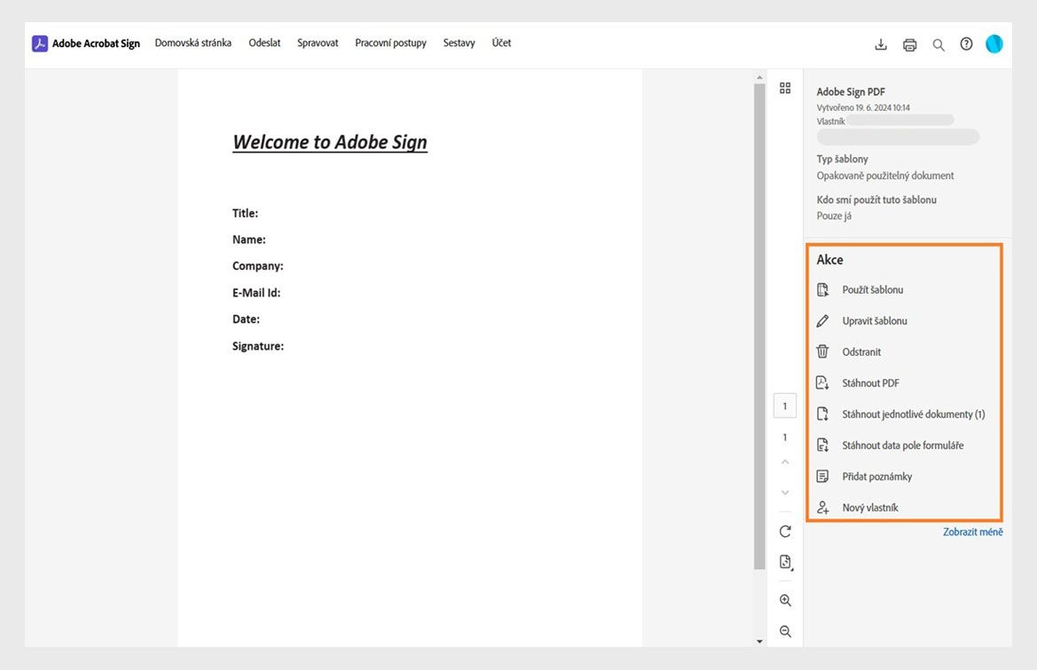 Vybrané šablony dohod zobrazí pravé podokno s podrobnostmi o šabloně a zvýrazněnou nabídku akcí.