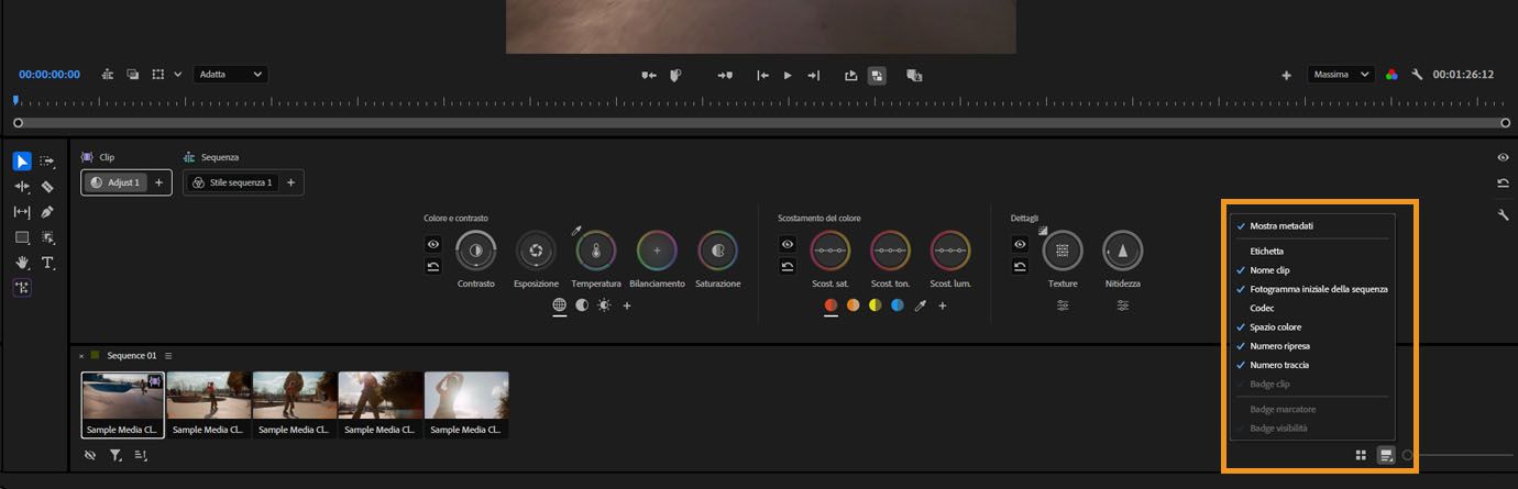 Menu che mostra le opzioni di visualizzazione dei metadati e la selezione del fotogramma della miniatura nella griglia clip.