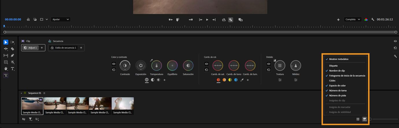 Menú que muestra las opciones de visualización de metadatos y la selección del fotograma de miniatura en la cuadrícula de clips.