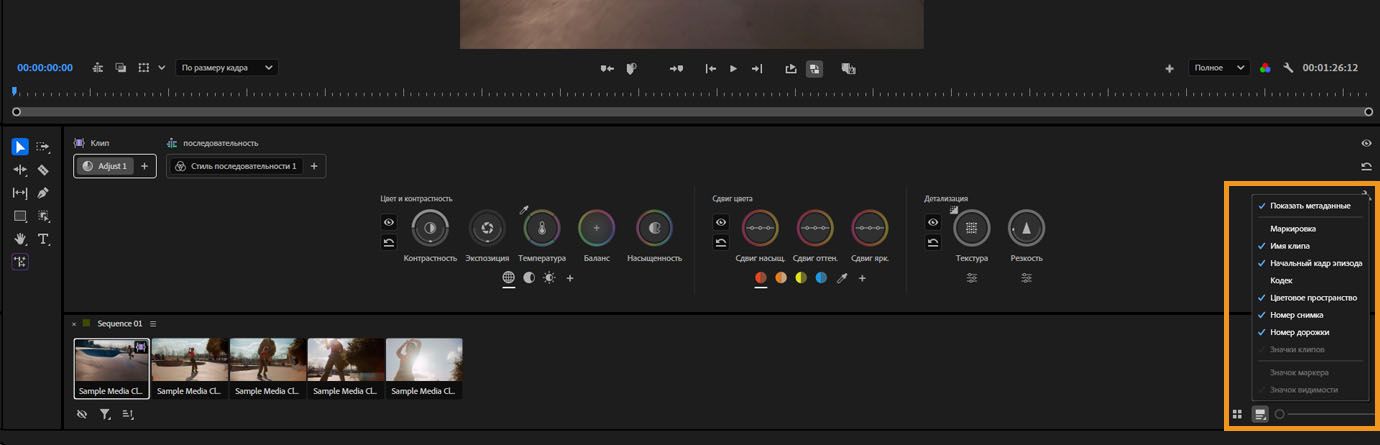 Меню, показывающее параметры отображения метаданных и выбора кадра для значка в сетке клипов.