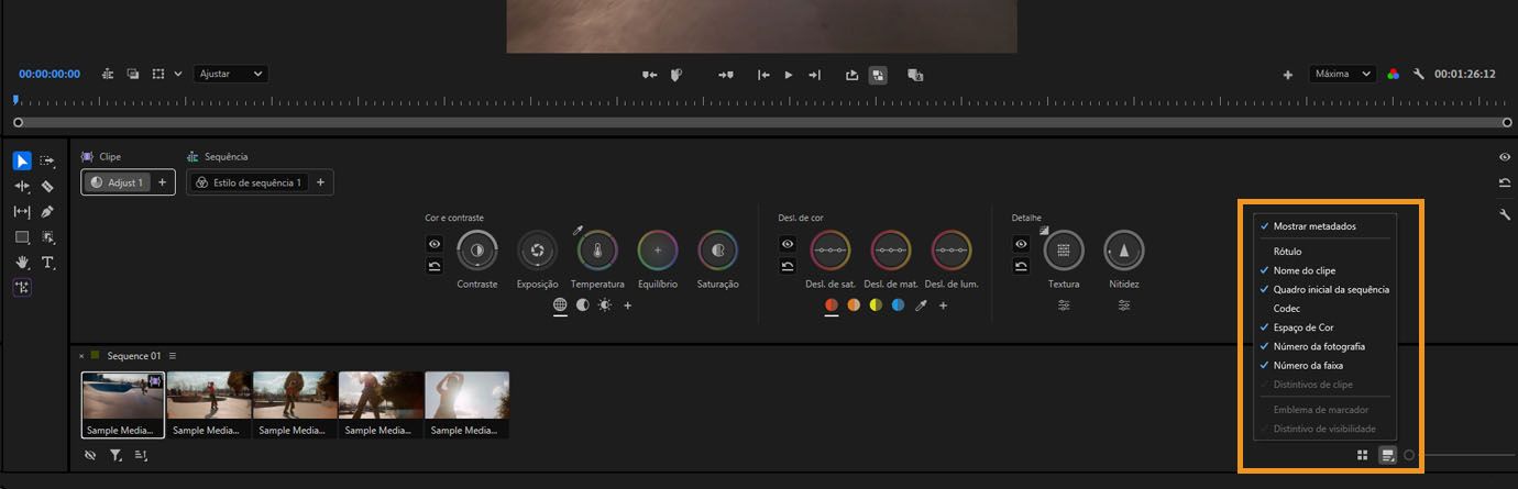 Menu mostrando opções de exibição de metadados e seleção de quadro de miniatura na Grade de clipes.