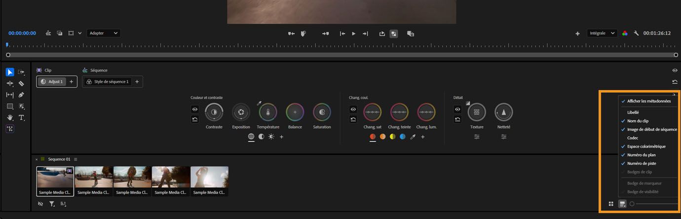 Menu affichant les options d'affichage des métadonnées et la sélection de l'image de vignette dans la grille de clips.