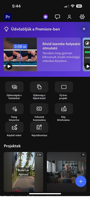 Az alkalmazás kezdőoldala a projektekhez, útmutatókhoz és beállításokhoz való hozzáférésre szolgáló gombokkal.