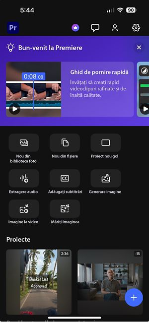 Ecranul principal al aplicației, cu butoane pentru accesarea proiectelor, tutorialelor și setărilor.