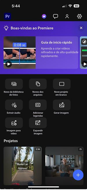 A tela inicial do aplicativo, com botões para acessar projetos, tutoriais e configurações.