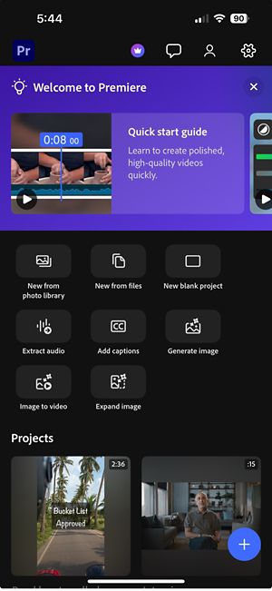 The app’s home screen with buttons for accessing projects, tutorials, and settings.