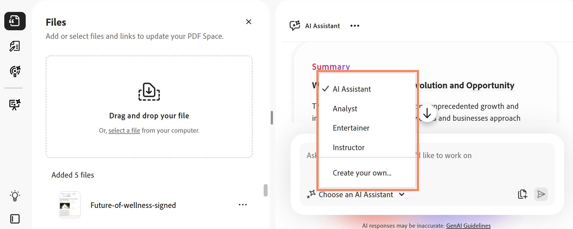 PDF Spaces -keskustelupaneeli näyttää Tekoälyavustajan valitsemisen vaihtoehdot, kuten Analyytikko tai Viihdyttäjä, personoituja oivalluksia varten.
