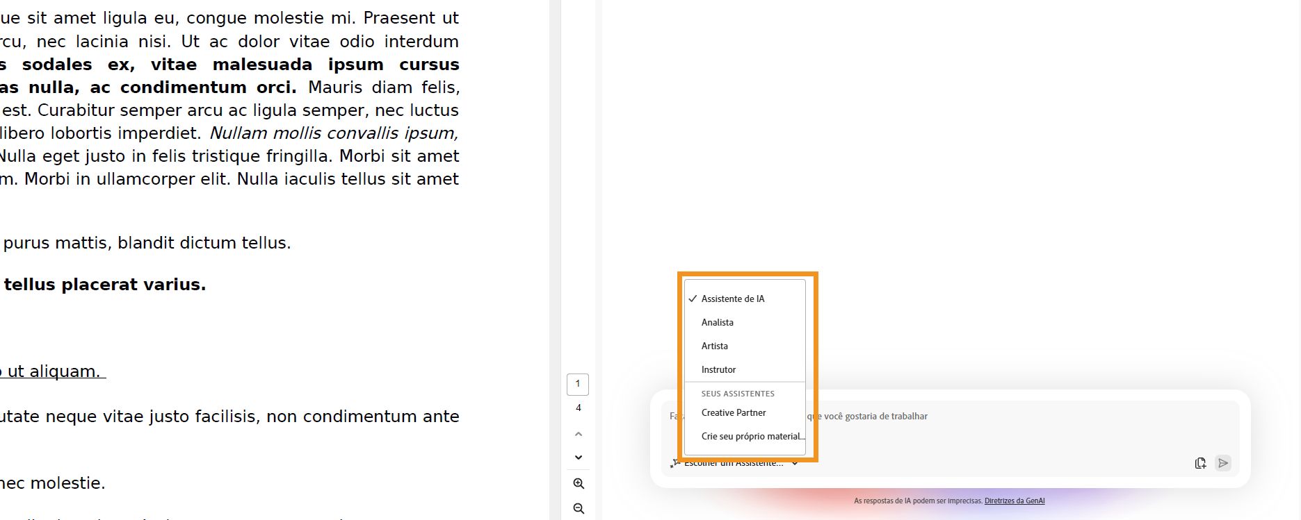 Painel de chat do PDF Spaces mostrando opções para selecionar um Assistente de IA especialista, como o Analista ou Apresentador para insights personalizados.