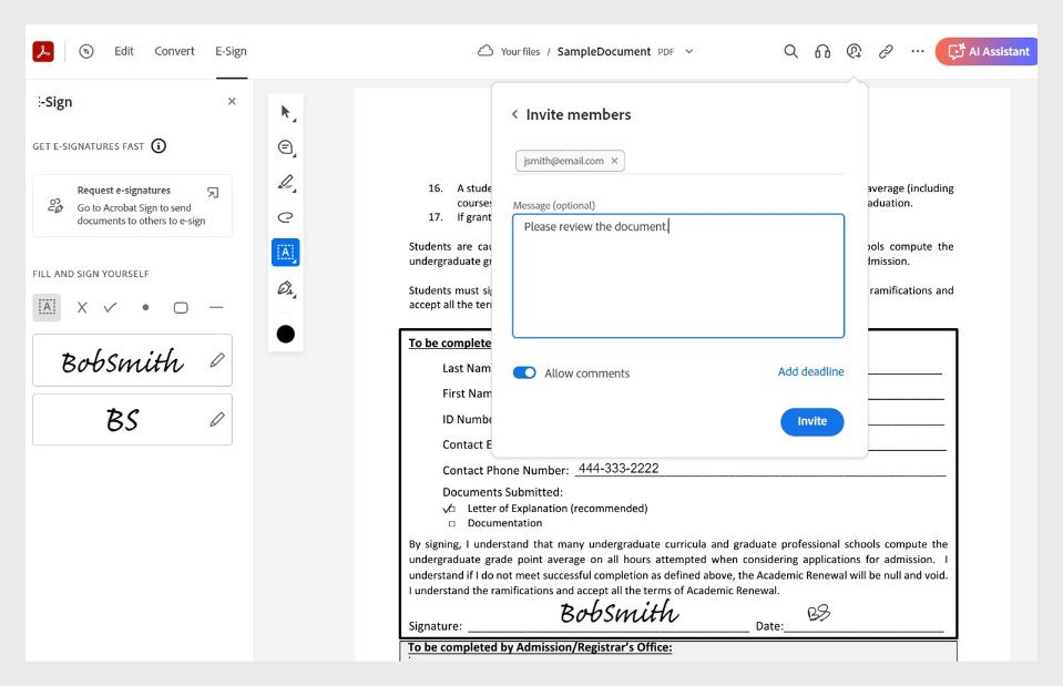 A jobb felső sarokban lévő Megosztás ikon kiválasztásával megjelent a „Tagok meghívása” párbeszédpanel, amelyen lehetőség van címzettek és üzenet hozzáadására, és szerepel rajta a Meghívás gomb.
