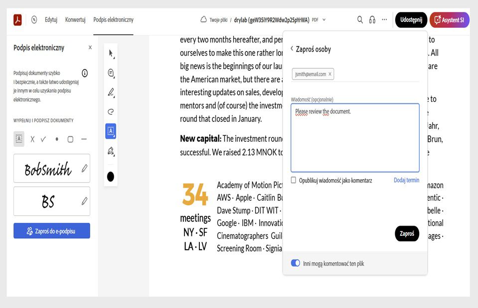 Po wybraniu ikony udostępniania w prawym górnym rogu wyświetlane jest okno dialogowe „Zaproś członków” z opcjami dodawania odbiorców, wiadomością i przyciskiem Zaproś.