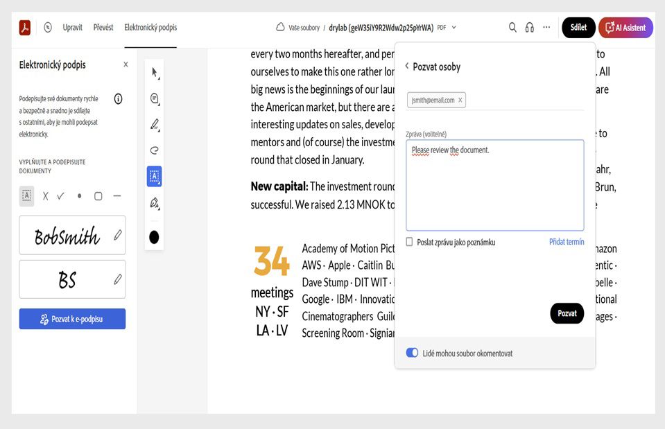 Ikona Sdílet v pravém horním rohu se vybere, aby se zobrazilo dialogové okno „Pozvat členy“ s možnostmi přidat příjemce, zprávu a tlačítkem Pozvat.