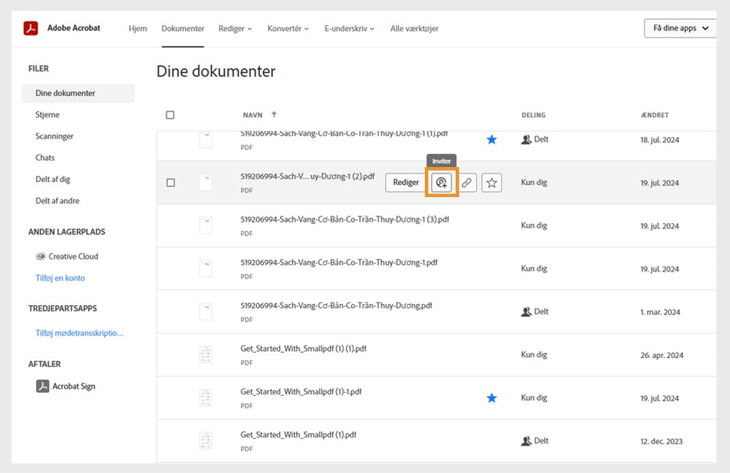 Fanen Dokumenter viser listen over dokumenter. Hvis markøren holdes over et dokumentnavn, vises ikonerne Del og andre værktøjer.